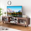 TV Stand for 55/60/65/70", Wood Entertainment Center with Power Outlets, Media Console with Sliding Doors and Open Shelf for Living Room, Walnut[Unabl
