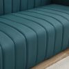 Mid-Century Modern Blue Genuine Leather Channel Tufted Square Arm Sofa