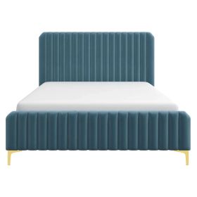 Bethany Velvet Upholstered Platform Bed (Color: Sea Blue, size: Queen)